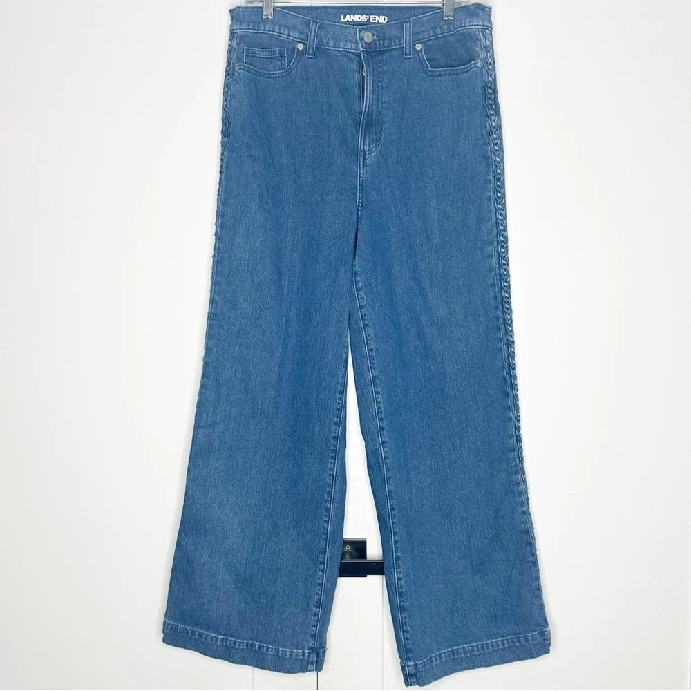 Land’s End Soft Denim High Rise Wide Leg Braided Jeans 15 blue sustainable flare - Picture 6 of 14